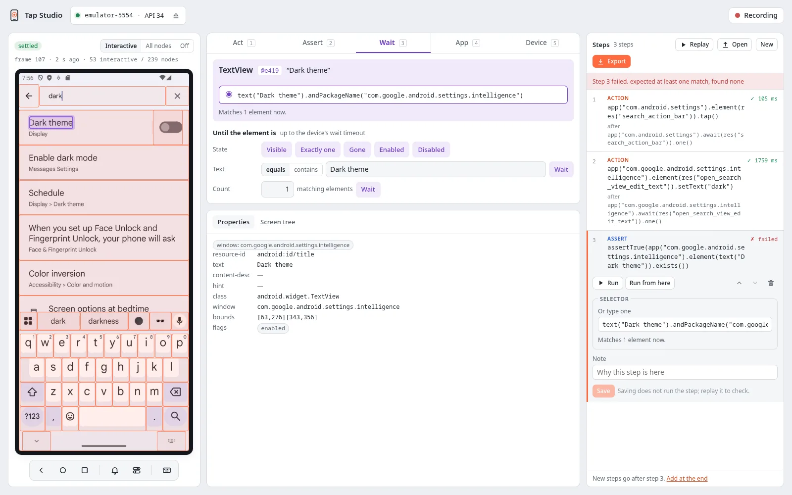 Step 3 opened in the steps panel: Run, Run from here, move and delete buttons, the selector with how many elements it matches now, and a note field