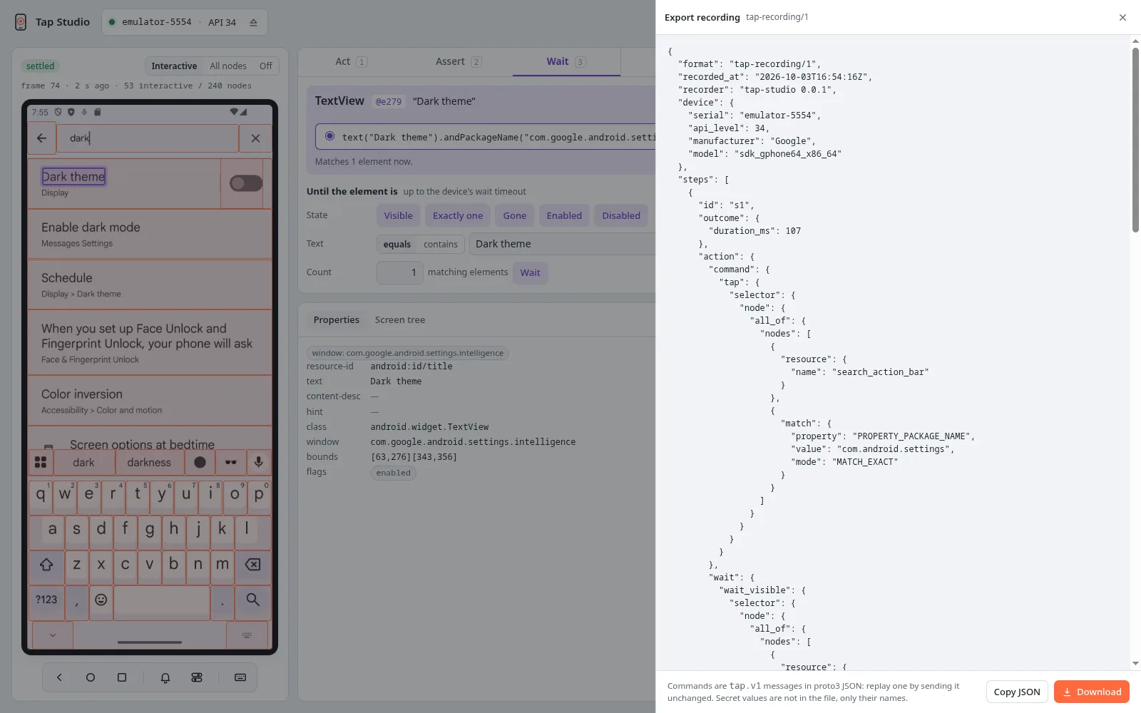 The export panel: the recording as tap-recording/1 JSON, with Copy JSON and Download buttons